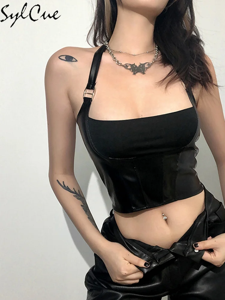 Пикантный простой черный матовый топ для ночного клуба с подвеской на шею |