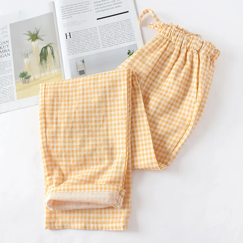 

Summer/Autumn Couples Plaid Pants Women/Men Sleepwear Cotton Double Gauze Thin Sleep Bottoms Casual Women's Pajamas Home Clothes