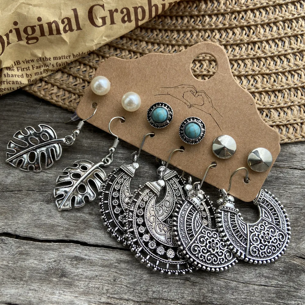 DIEZI Vintage Stud Earrings Set Women Girls New Brinco Sun Flower Moon Leaves Long Tassel Earring Ethnic Fashion Jewelry | Украшения и