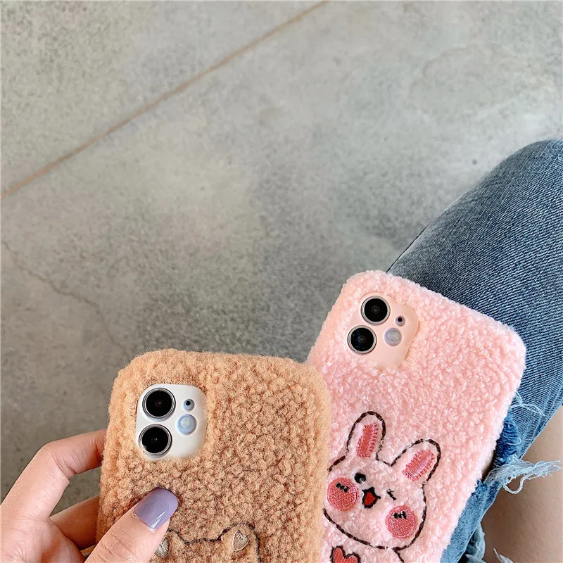 Чехлы для iPhone 12 Pro Max с вышивкой мультяшный кролик зимний плюшевый чехол XR XS 11 7 8 Plus