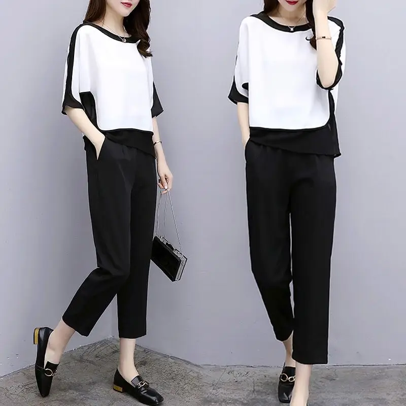 

Женский спортивный костюм из двух предметов, повседневный шифоновый топ с коротким рукавом и брюки с высокой талией в стиле пэчворк, Y111, лет...