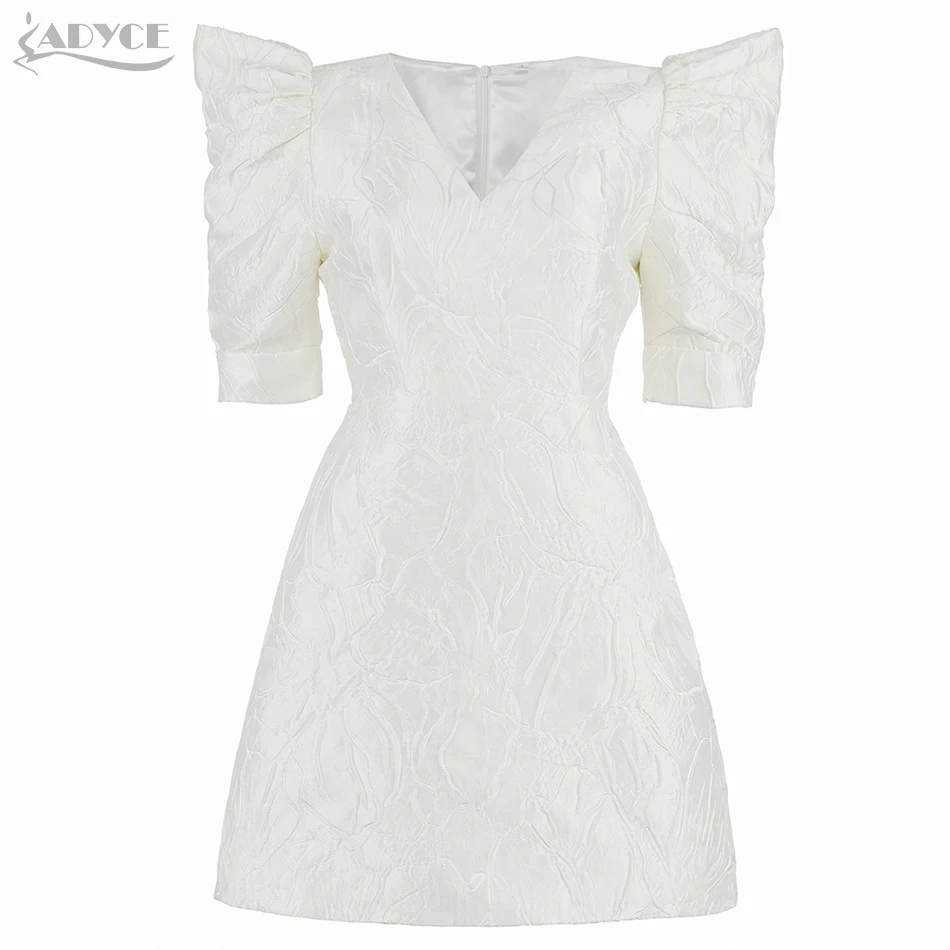 

Adyce New Summer Women Elegant White V Neck Mini Dress 2021 Sexy Half Puff Sleeve Celebrity Evening Runway Club Out Wear Dresses