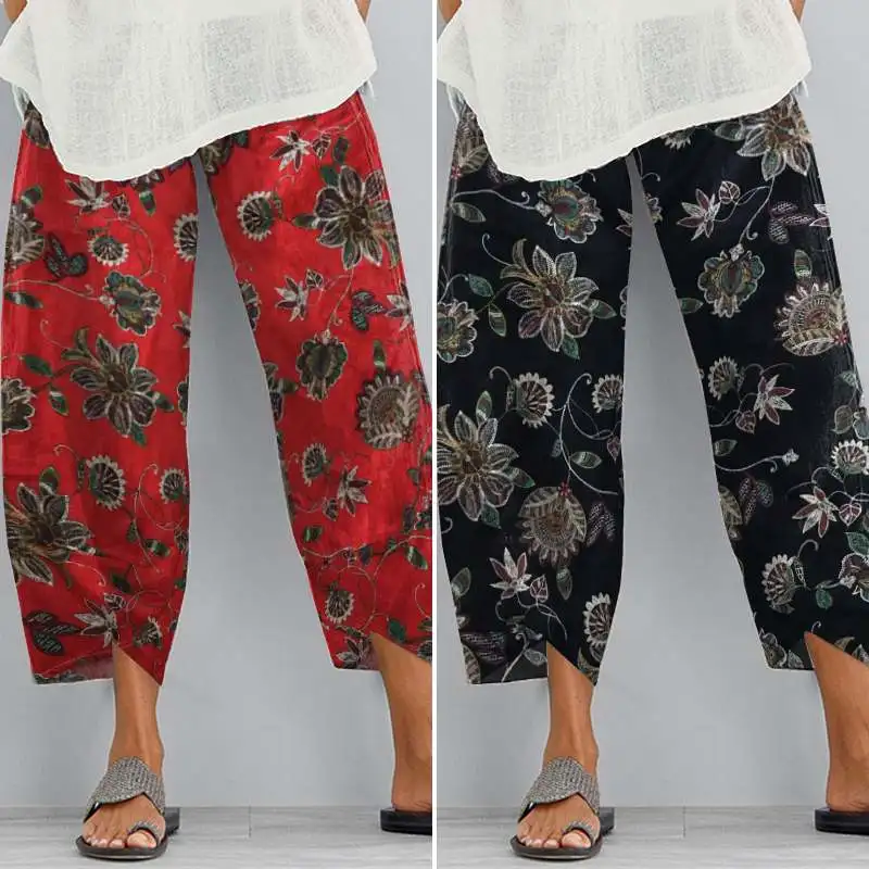

Summer Harem Pants ZANZEA Women Vintage Floral Printed Pants Casual Elastic Waist Long Trousers Asymmetrical Pantalon Plus Size
