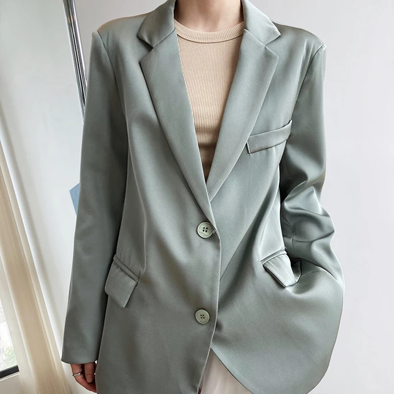 

2021Autumn Winter Women Blazers New Korean Style Casual Elegant Loose Satin Jacket Female Suit Solid Coat Office Ladies Fashion