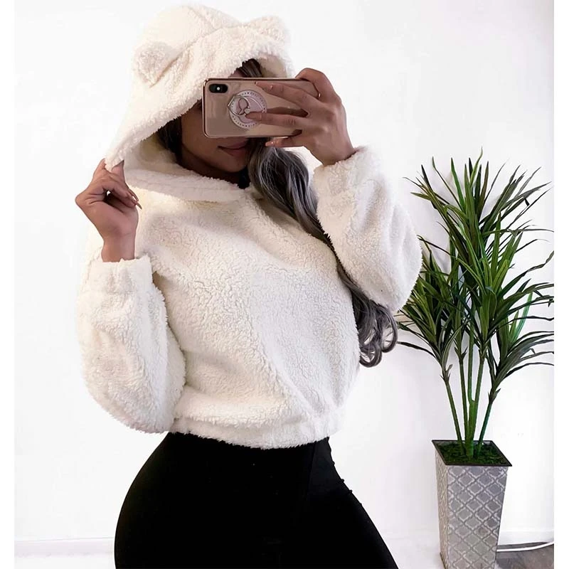

Cute Bear Ears Warm Plush Women Crop Hoodies Casual Long Sleeve Harajuku Autumn Winter Sweatshirt Hooded W603
