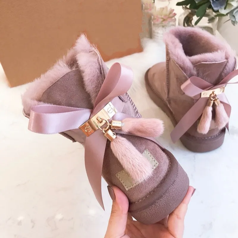 Новая мода натуральные меховые зимние ботинки Женские Натуральная шерсть Теплые