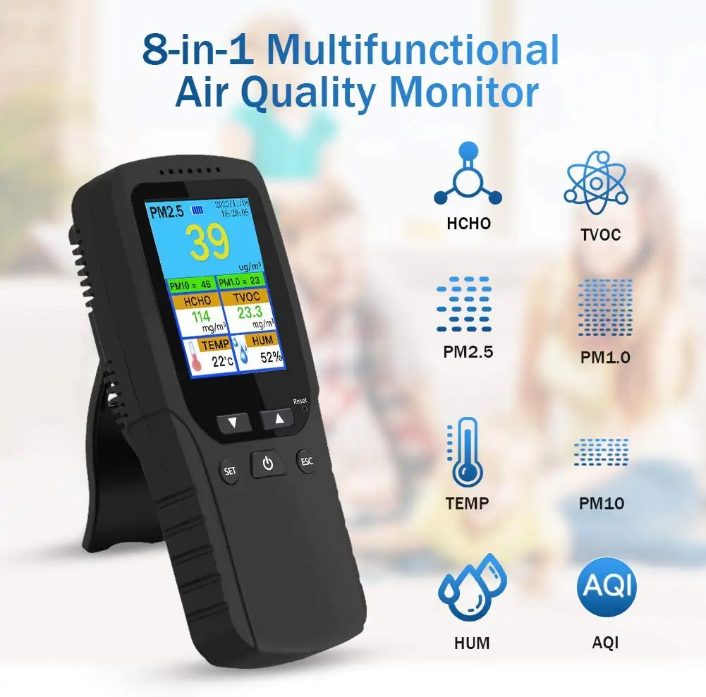 

Air Quality Monitor，8 in 1 Multifunctional Indoor Pollution Detector Meter for Formaldehyde，Real Time Air Tester HCHO，TVOC，PM2.5