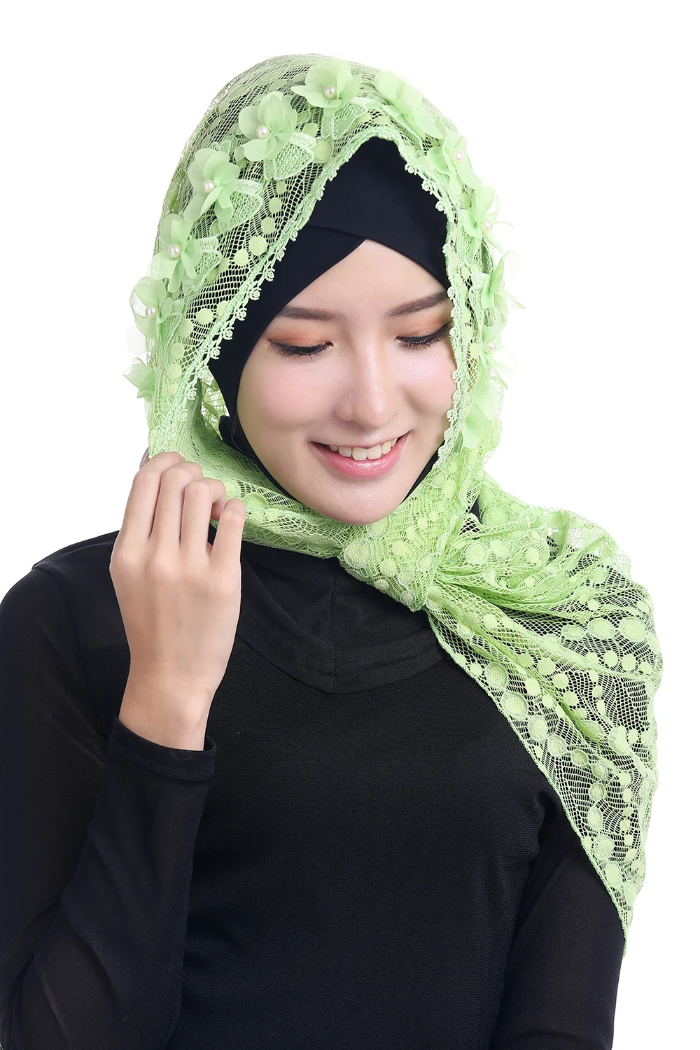 Женский мусульманский кружевной цветок жемчуг однотонный длинный шарф хиджаб