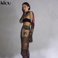 kliou mesh character print two piece sets women gloves sexy bra topsseethrough maxi skirt matching sets clubwear female outfits
