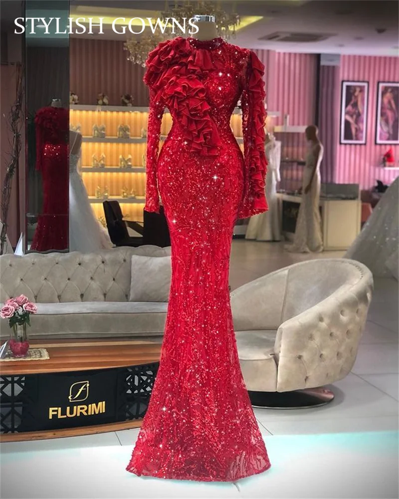 

Красные вечерние платья с круглым вырезом и длинным рукавом, Украшенные бусинами и блестками, Женская официальная одежда для вечеринки, 2021