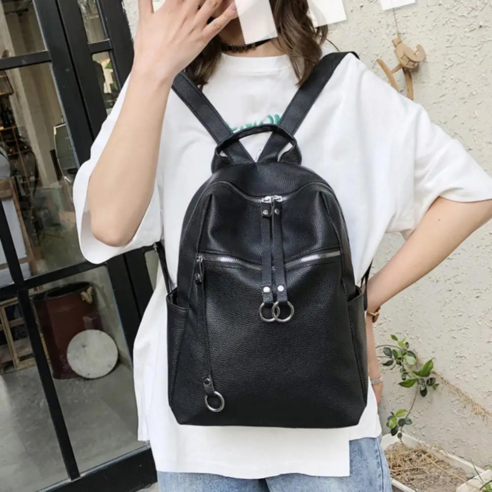 

Women Solid Color Large Capacity Dual Zipper Student Backpack Soft School Bag