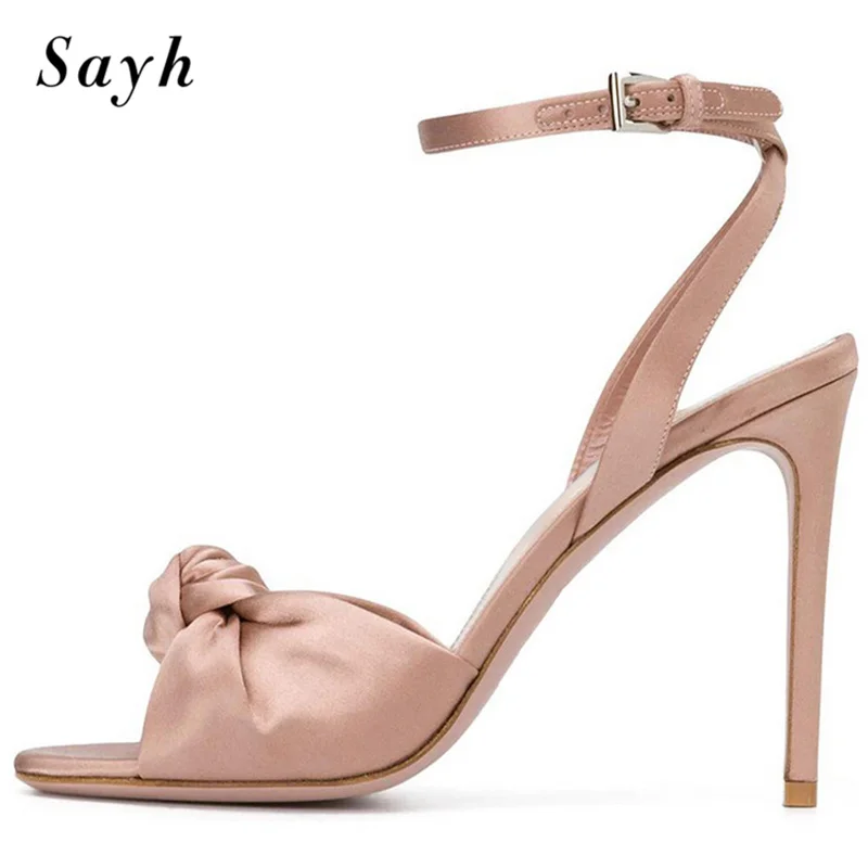 

Summer Size Women Runway High Heel Pumps Peep Toe Silk Satin Stilettos Sandals Ankle Strap Bowknot Party Gladiator Dress Shoes