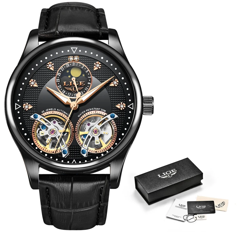 Reloj LIGE Мужские механические часы Tourbillon Роскошные модные брендовые кожаные