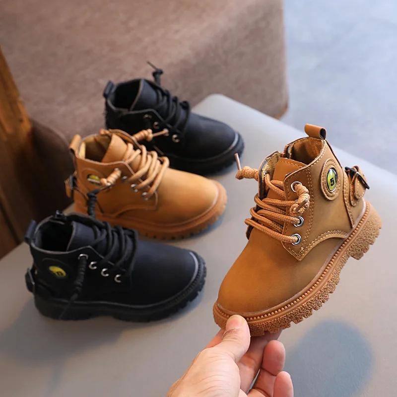 

2021 Autumn New Children Shoes Fashion Boys and Girls Single Boots Kids Pure Color Leather Boots Girls High-top Martin Boots