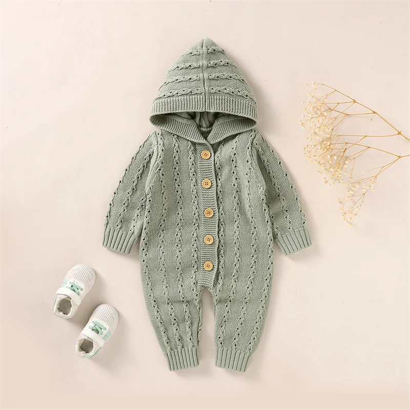 

0-18 Months Autumn Toddler Baby Girls Boys Jumpsuit Solid Color Knitted Hooded Long Sleeves Romper Infants Winter Playsuits