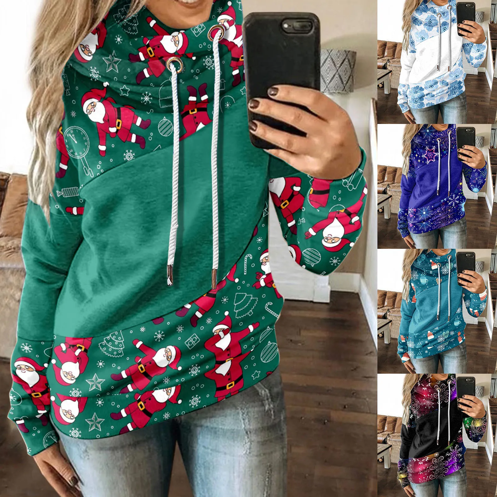 

Худи женское оверсайз в стиле Харадзюку, Повседневная рубашка с длинным рукавом, с контрастным рождественским принтом, свитшот с капюшоном,...