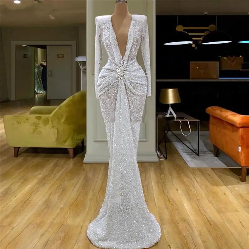 

White Sequins beading Formal Evening Dresses For Dubai Arabic Robe De Soiree 2020 New V Neck Long Pageant Gowns Women Prom Dress