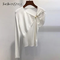 twotwinstyle asymmetrical solid sweater for women irregular collar long sleeve slim knitted tops female fashion new clothing