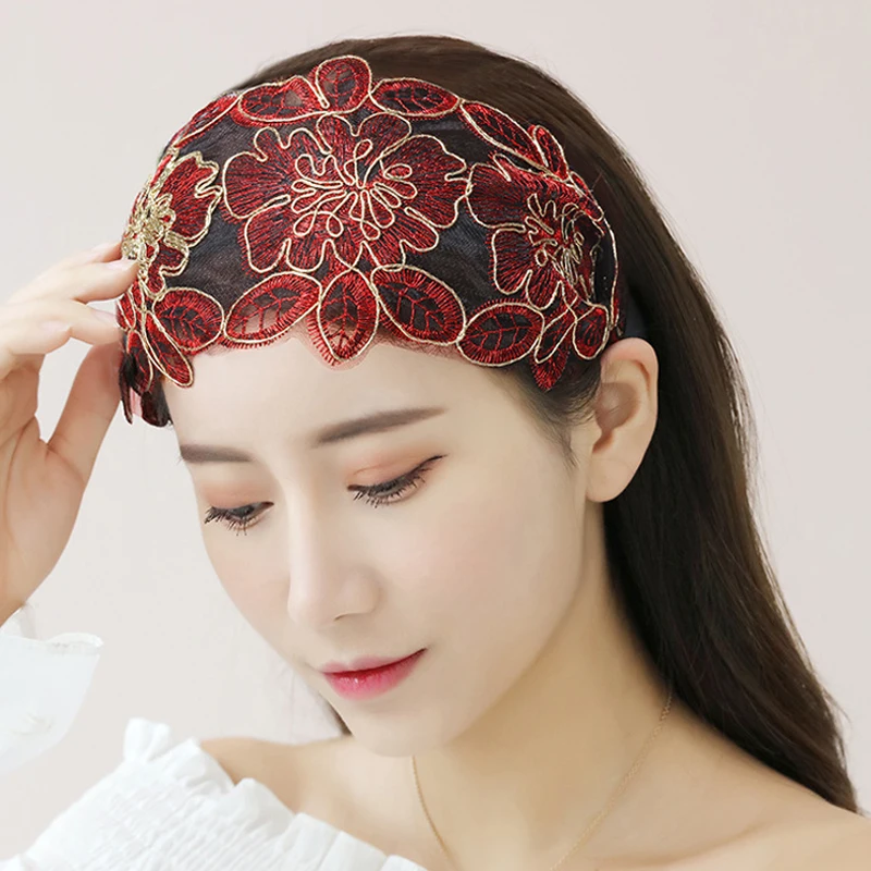 Кружевная повязка на голову с цветами широкая Женская зубчатая Нескользящая