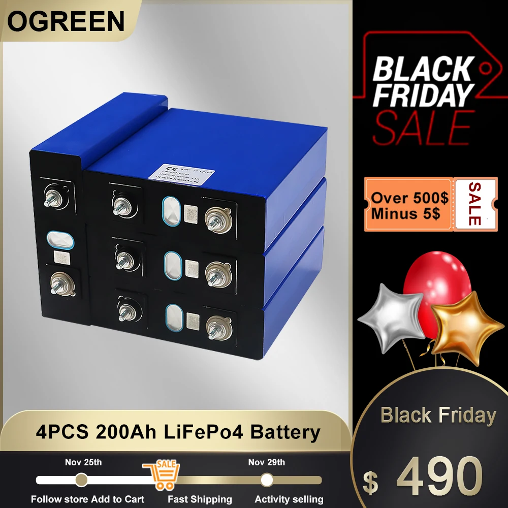 

OGRREN 4PCS 3.2V 200Ah Lifepo4 battery 12v lithium iron phosphate battery pack Solar caravan battery pack EU US tax free