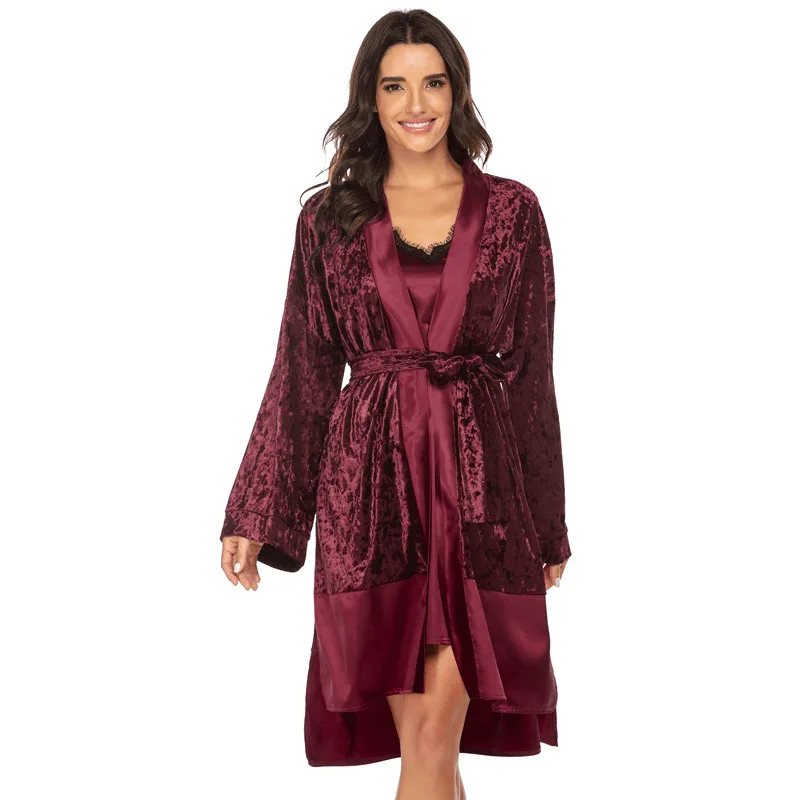 

Women's Homewearing Solid Color Nightgown Cross-border Lace Silk-like Robe Sets Velvet Pajamas Sets