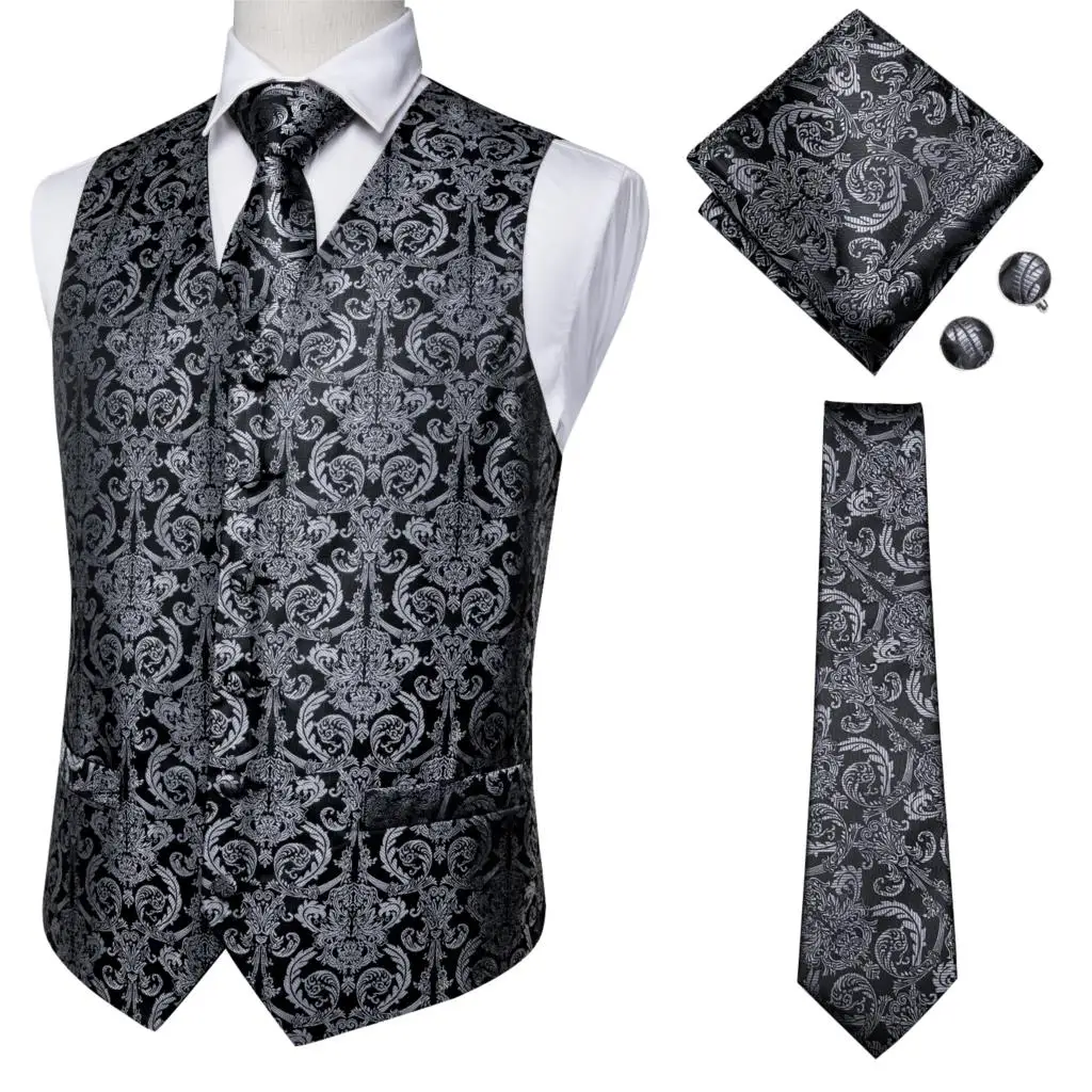 

Оптовая цена, мужской жилет, черный Шелковый Свадебный деловой жилет с пейсли-рисунком для мужчин, галстук-бабочка, платок, комплект запонок...