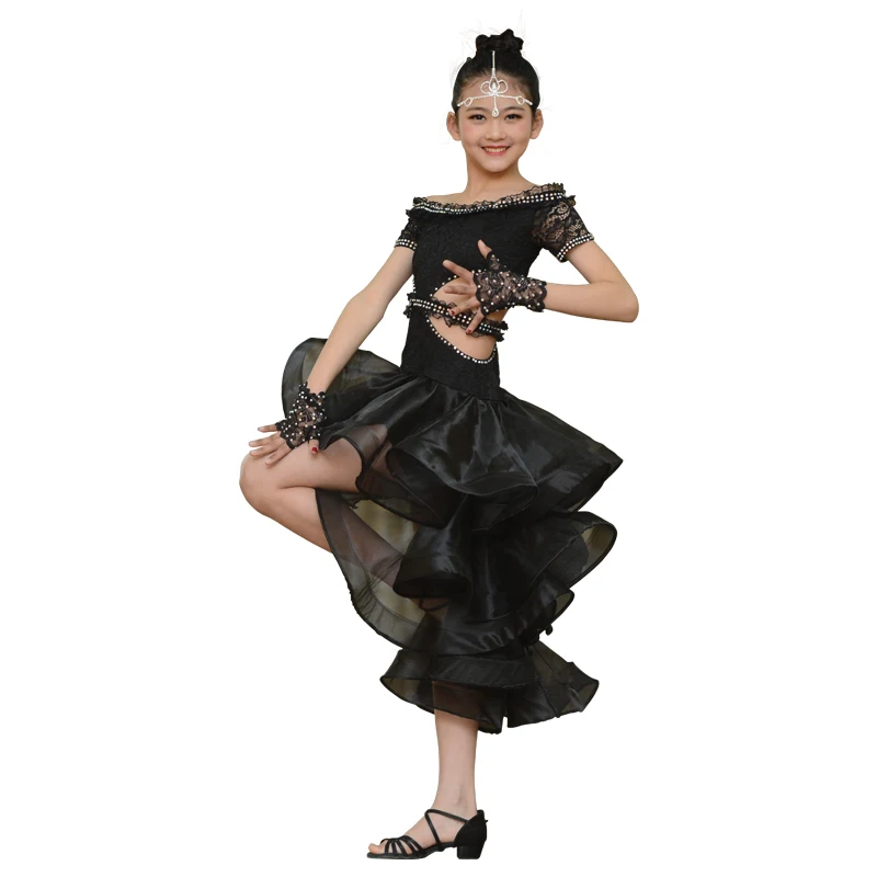 

2019 Girl Short sleeve Latin Dance Dress Children Lotus skirt Ballroom Dance Dresses Kids Salsa Rumba Cha Cha Samba Tango Dress