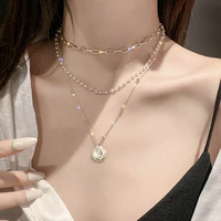european and american simple fashion alloy head coin pearl female necklace multi layer pendant clavicle chain