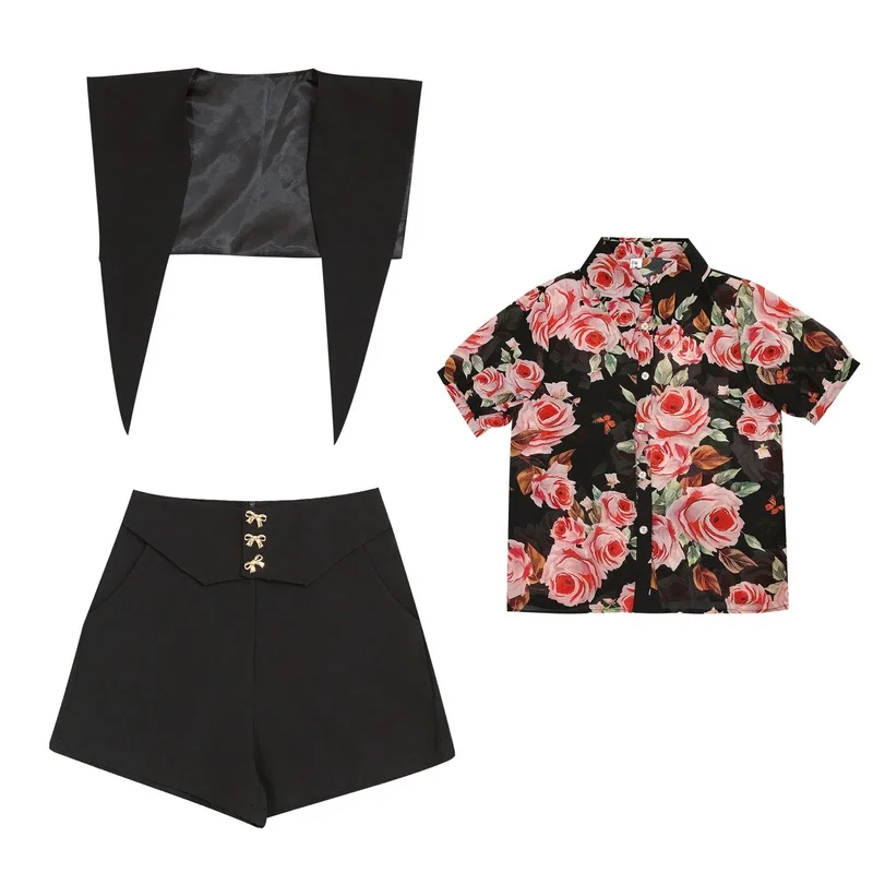 

Korejepo Women Sets 2021 Summer Hong Kong Style Retro Chiffon Flower Shirt Shawl High Waist Wide Leg Shorts Three-Piece Suit