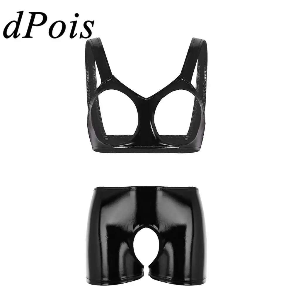 Женский сексуальный комплект нижнего белья из лакированной кожи открытые