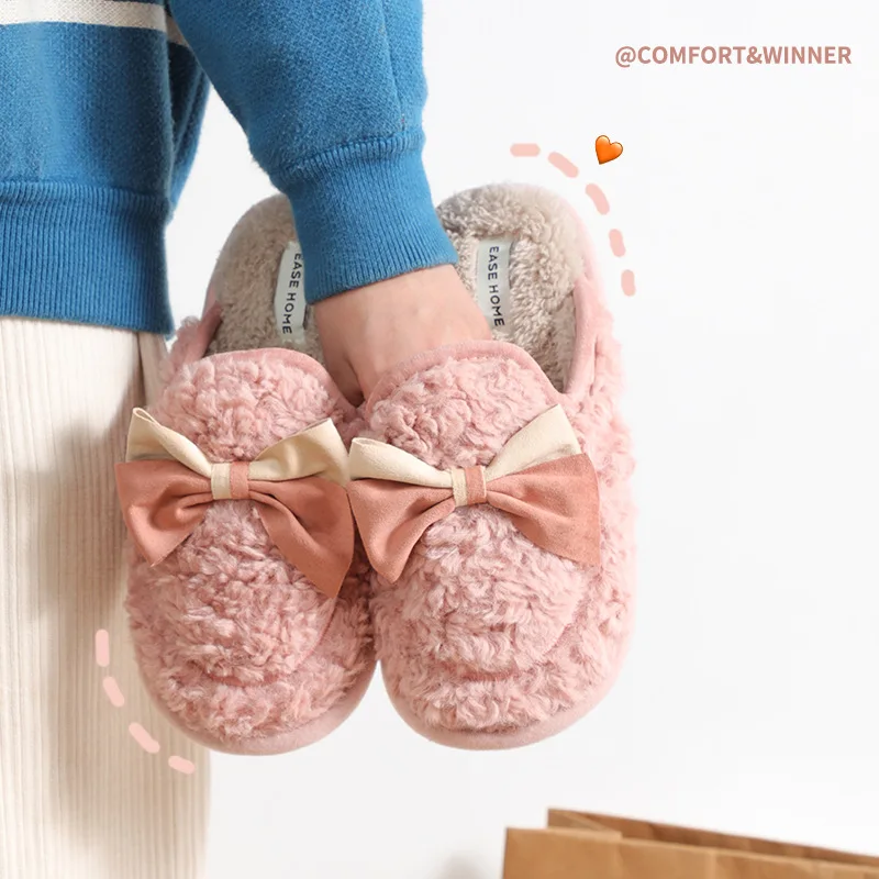 Bowknot Cotton Slippers Female Autumn And Winter Home Indoor non-Slip Cute Plush Couple Home Warm Soft Bottom Non-Slip Slippers