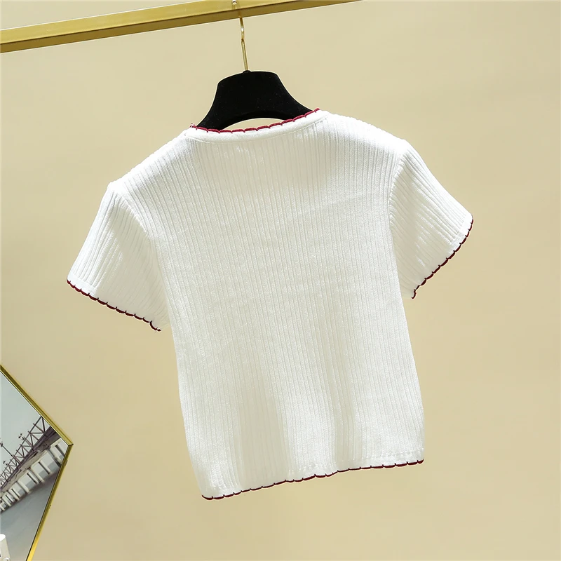 

JVAKCE korean style v neck short sleeve kitted tops women summer white slim casual crop tops High Street short thin tshirt tank