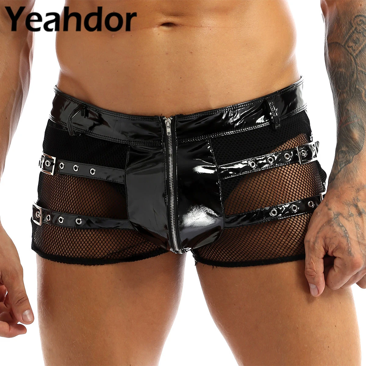

Mens Wet Look Patent Leather Clubwear Lingerie Shorts Low Rise Fishnet Spliced Front Zip Up See Through Boxer Briefs Underwear