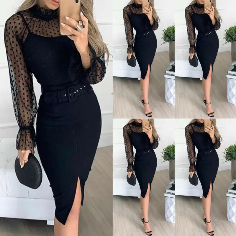 Женское платье на тонких бретелях черное без рукавов с поясом офисное разрезом |