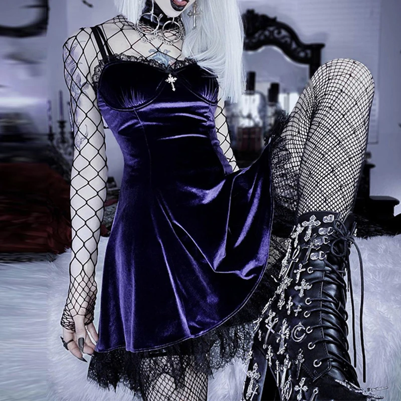 

Sexy Goth Cross Sexy Purple Dress Vintage Velvet A Line Lolita Dress Aesthetic Gothic High Waist Ladies Club Party Dresses