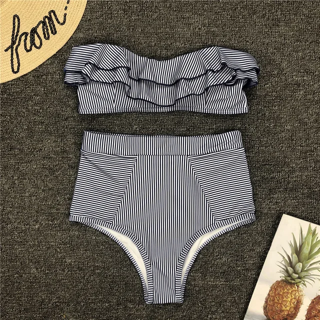 striped ruffle high waisted bikini set