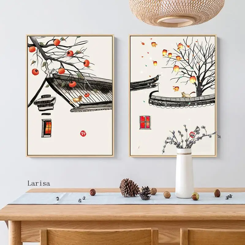 

Traditional Chinese Style Poster Yard Lantern Eaves Canvas Painting Black and White Picture Cafe Restaurant Home Decor Prints