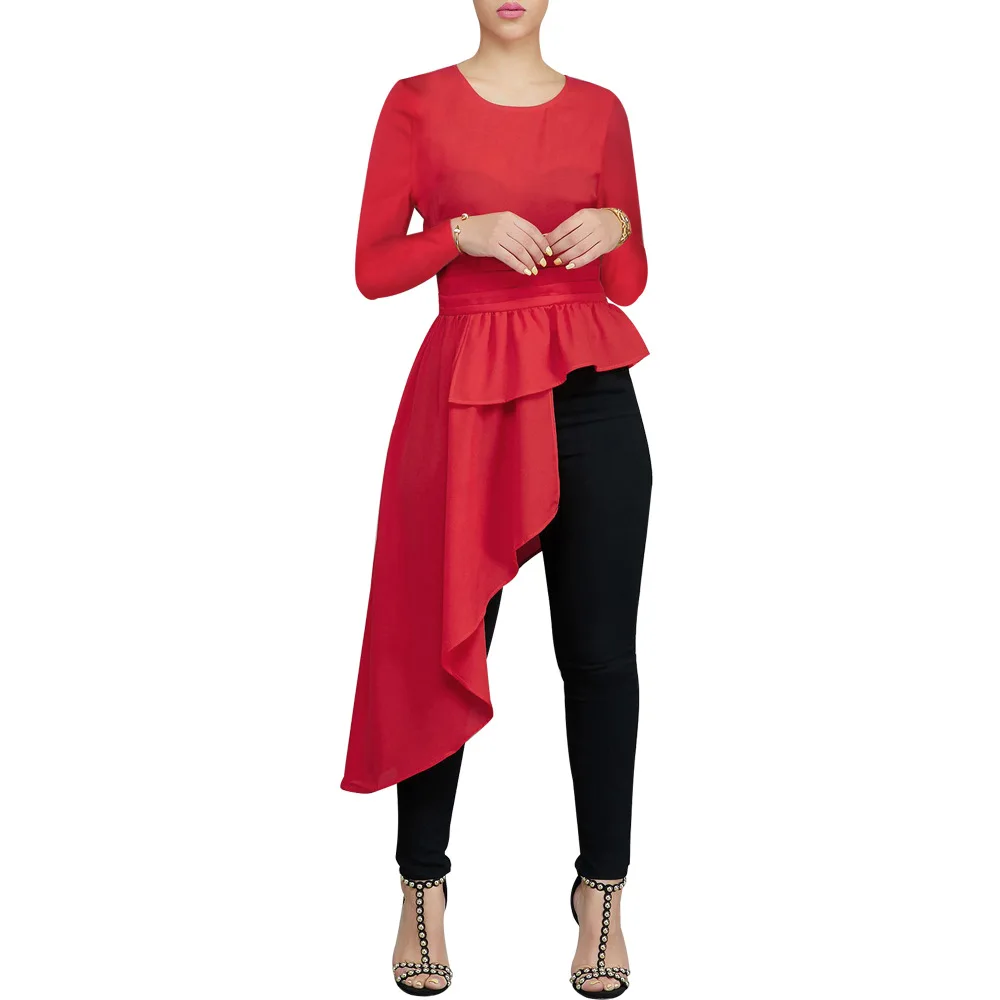 

RStylish 2021 Autumn Women Party Clothes Solid Color Bodycon Long Sleeve O Neck Irregular Ruffle Tops Blouse