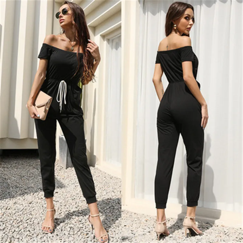 

Summer New Women Romper Black Color Sexy Off Shoulder Female Jumpsuits Shoer Sleeve Slim Lady Bodysuits