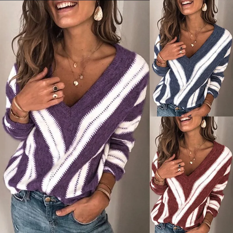 

Striped Knit Sweater Women 2021 Sub-New V-neck Casual All-Match Most Popular Autumn and Winter Sweater