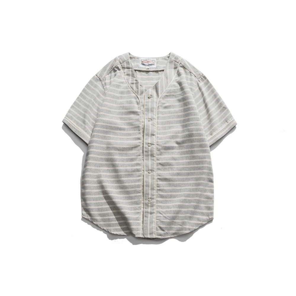 

Vintage Cotton & Linen Stripes Short Sleeve Baseball Men's Tee Shirts Moto Rider