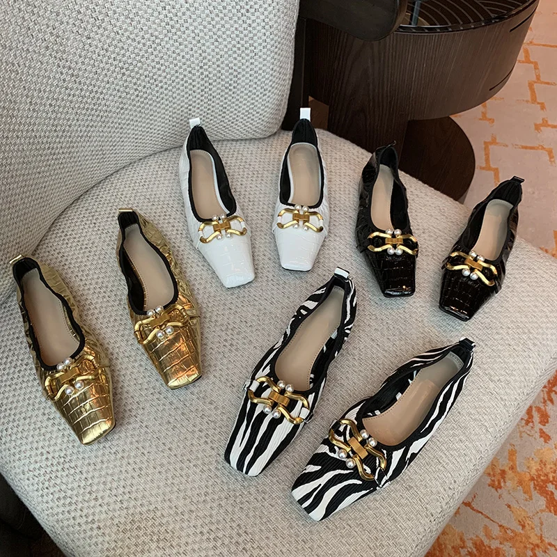 

Square Toe Women Flats Metal Cahin Shallow Slip On Soft Sole Spring Autumn Dance Shoes Loafers Zebra Black White Gold Flats 2022