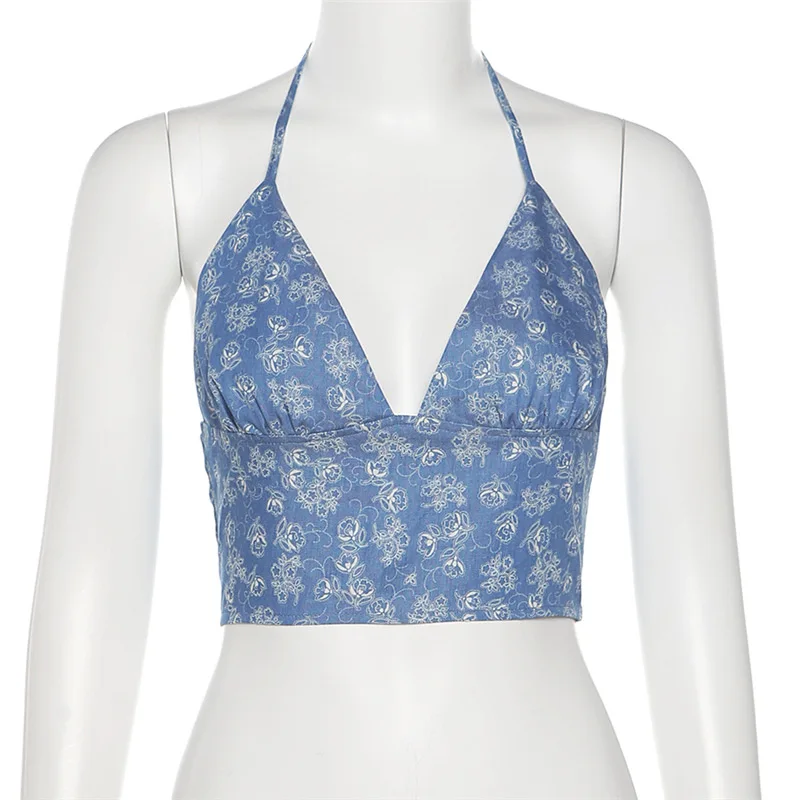 

Y2K Aesthetic Floral Print Halter Camisole Summer V-neck Zipper 2000s Vintage Women Backless Crop Tops Harajuku Corset Mini Vest