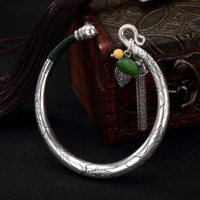 

New New Silver Carp lotus inlaid natural Hetian Jasper Bracelet Chinese classical elegant women adjustable brand jewelry