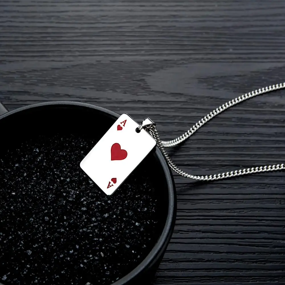 Cool Lucky Poker Ace Hearts Pendant Necklace Men's 316L Stainless Steel Jewelry Boyfriend Card Couple | Украшения и