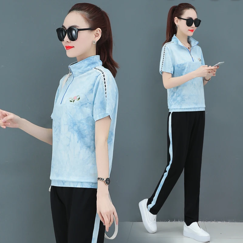 

Trend Stand up Collar Long Pants 2 Piece Set Sports Clothing Summer Short Sleeved Casual Women Blue Orange Pink Style Waist Age