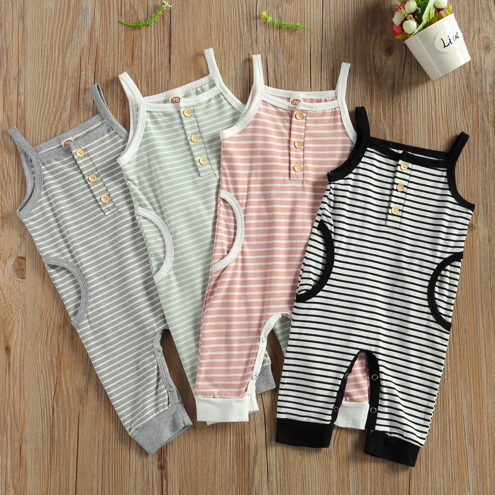 

Baby's Stripe Print Jumpsuit Newborn Baby Boy Girl O-neck Sleeveless Sling and Long Pants Romper One-Piece Outfit Summer Sunsuit