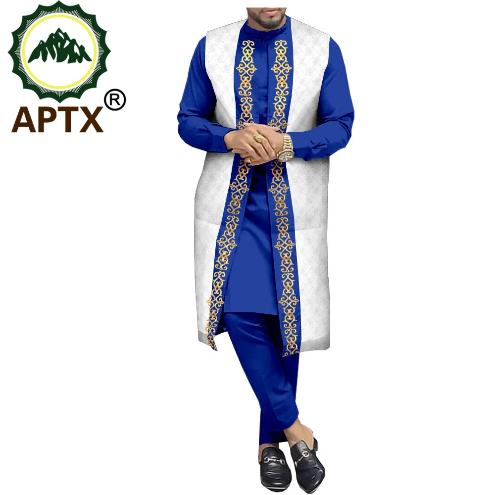 African Suit for Men Jacquard APTX 3 Pieces Solid Shirt& Pants + Jacquard Outfit High Quality Cotton T2016020