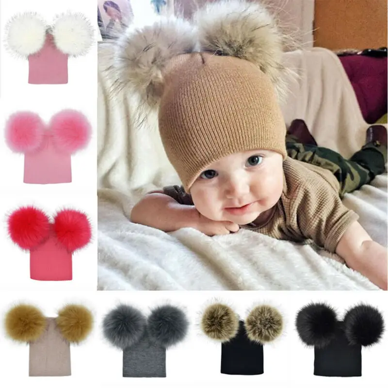 Детские зимние теплые вязаные шапки бини шапка 2 из искусственного меха с большим