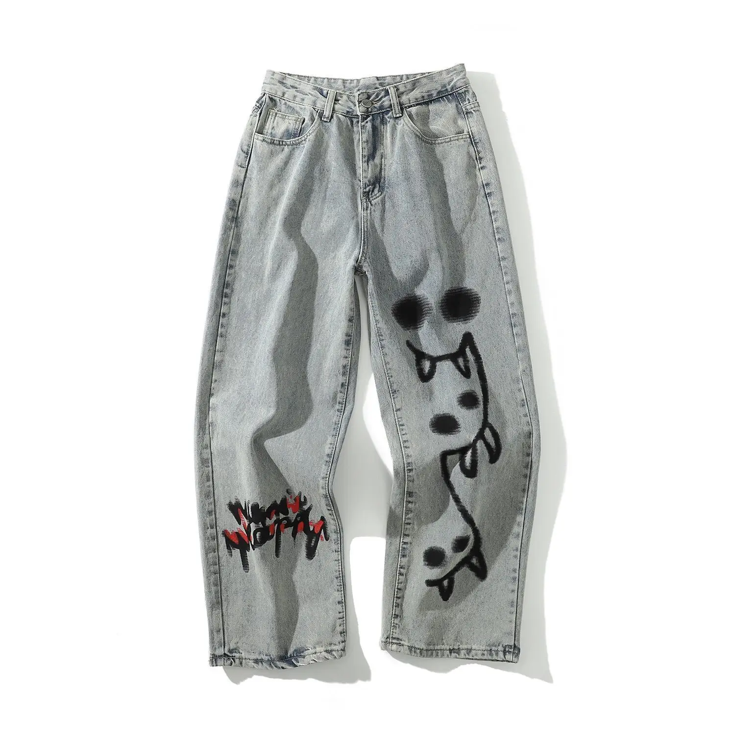 

Women's denim printed jeans loose casual dark ghost straight wide-leg pants mother denim Harajuku style street trousers